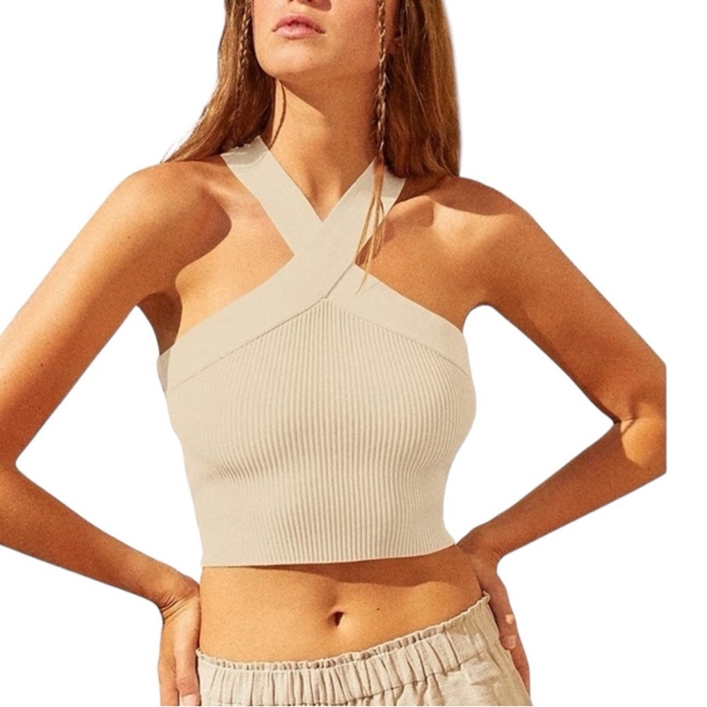House of Harlow 1960 Tan Ribbed Cross-Back Crop Top